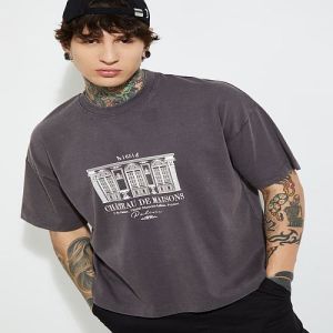 Mens Grey Cotton Round Neck Printed T-Shirt