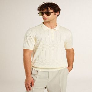 Mens Jacquard White Cotton Polo T-Shirt