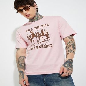 Mens Light Pink Cotton Round Neck Printed T-Shirt
