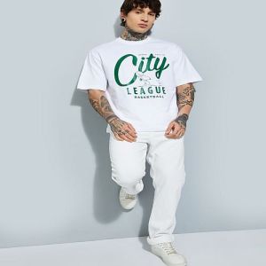 Mens White and Green Cotton Round Neck Printed T-Shirt