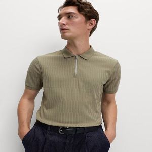 Mens Zip Polo Neck Olive Green Cotton T-Shirt