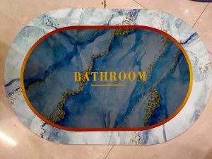 Oval Blue Marble Gloss Bathroom Floor Mat