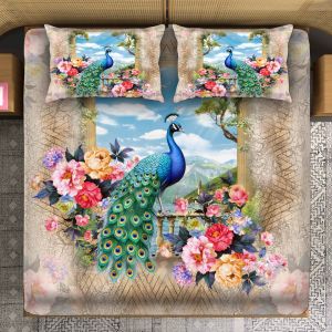 Peacock Bloom Balcony View Print Velvet Touch Regal Garden Bedsheet