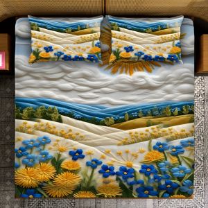 Sunlit Bloom Mountain View Print Textured Weave Meadow Glory Bedsheet