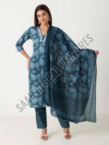 Varnnan Printed Blue Aura Cotton Suit Party Wear