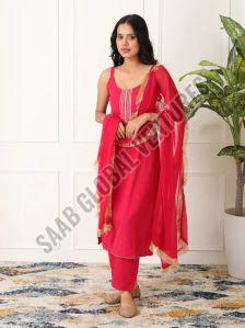 Varnnan Embroidered Crimson Luxe Silk Suit, Sleeves Type : Sleeveless