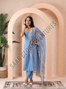 Varnnan Embroidered Royal Radiance Silk Suit, Color : Blue