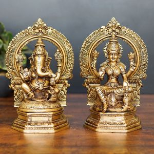 Polished Antique Brass Laxmi Ganesh Statue, Color : Golden
