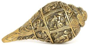 Polished Carving Brass Conch Shell Ganesha Shankh, Color : Golden