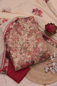 Beige Floral Printed Tissue Top Pure Silk Bottom Organza Dupatta Set