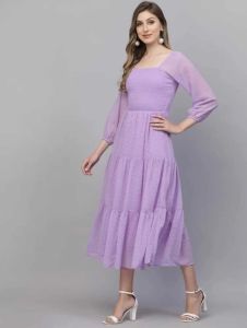 Square Neck Plain Ladies Lavender Georgette Long Dress Casual Wear