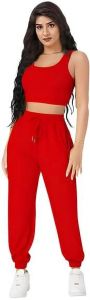 Ladies Red Crop Top Joggers Set