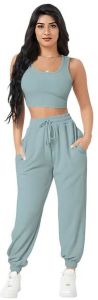 Ladies Sea Green Crop Top Joggers Set
