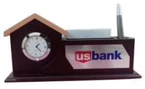 Wooden Desk Clock with Pen and Card Holder