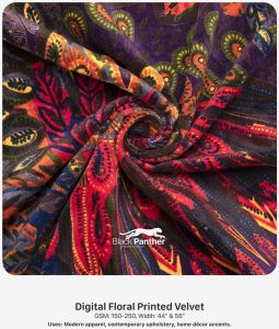 Black Panther Digital Floral Printed Velvet Fabric, Color : All