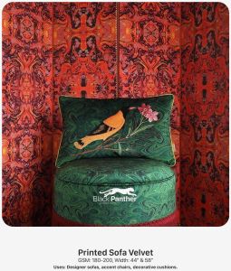 Printed Sofa Velvet Fabric 44” & 58” Width for Designer Sofas, Chairs & Cushions