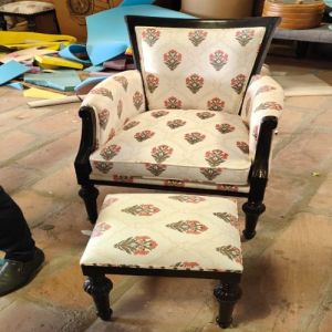 Hand Printed Upholstered Armchair with Ottoman