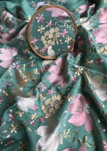 Green Floral Embroidered Chanderi Fabric