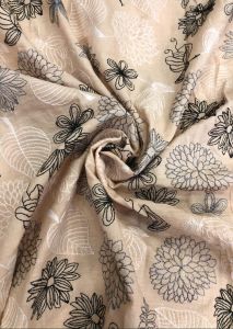 Beige Floral Embroidered Cotton Fabric