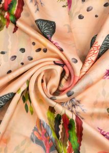 Light Peach Satin Georgette With Coral Fabric