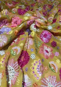 Mustard Georgette Fabric Embroidered With Flower Pattern