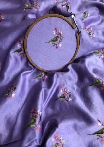 Lightweight Purple Bird Embroidered Chanderi Fabric, Width : 44 Inch