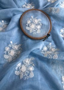 Silk Sky Floral Embroidered Chanderi Fabric, Width : 44 Inch