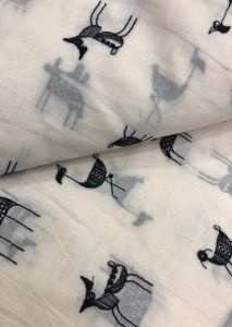 White Cotton with Black Embroidered Deer Design Fabric