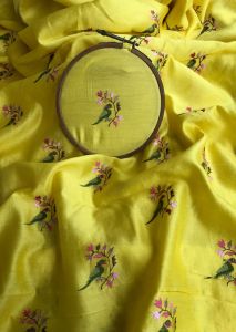 Yellow Bird Embroidered Chanderi Fabric