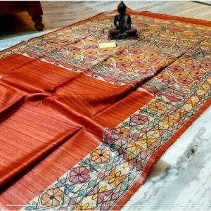 Party Wear Stylish Tussar Ghicha Hand Printed Saree
