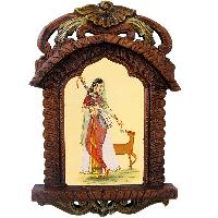Lady Playing Sitar Painting Wid Deer Ethnic Wooden Jharokha