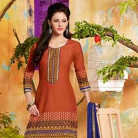 Cotton Embroidered Blue & Redorange Color Patiala Suit-574