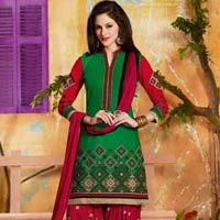 Cotton Embroidered Greenred Color Patiala Suit