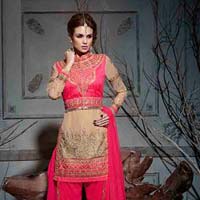 Long Cut Dark Pink Color Embroidered Suit
