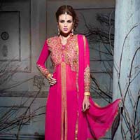 Long Cut Ruby Color Embroidered Suit-575