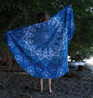 Blue Star Print Indian Mandala Round Tapestry Beach Throw Towel
