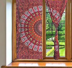 Hippy Red Indian Mandala Print Wall Curtain Cotton Window Curtain