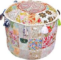 Indian Round Patchwork Embroidered Multi Ottoman Patchwork Pouf cover