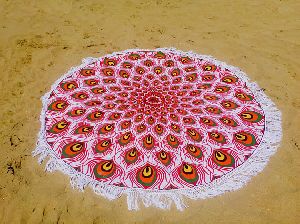 Pink Peacock Print Round Tapestry Mandala Beach Throw Towel