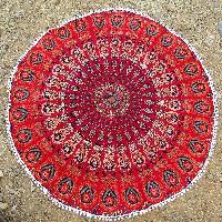 Red Peacock print Indian Mandala Round Tapestry Beach Throw Towel