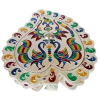 Silver Leaf Shaped, Peacock Designed Hand-made Meenakari Decorative Pl