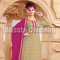 Beige & Pink Party Wear Embroidered Suit
