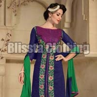 Navy Blue Chanderi Embroidered Suit