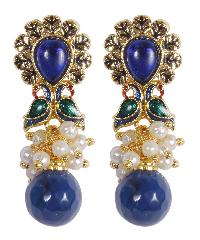 Indian Beautiful Antique Gold Polished With Blue Crystal & Pearl Earrings