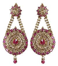 Indian Fashion Dangle Goldtone With Red Stone Party Wear Earring