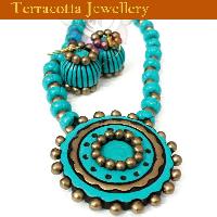 Terracotta Aqua Blue and Antique Bronze Pendant Jewellery
