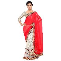 white and red Saree With Blouse