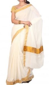 Cotton Kerala Plain Sarees, Color : Half White With Jari Borders