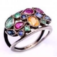 925 Sterling Silver Emerald,Ruby & Sapphire Gemstone Ring