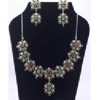 925 Sterling Silver Ruby, Emerald, Sapphire & Zircon Gemstone Victorian Necklace Set